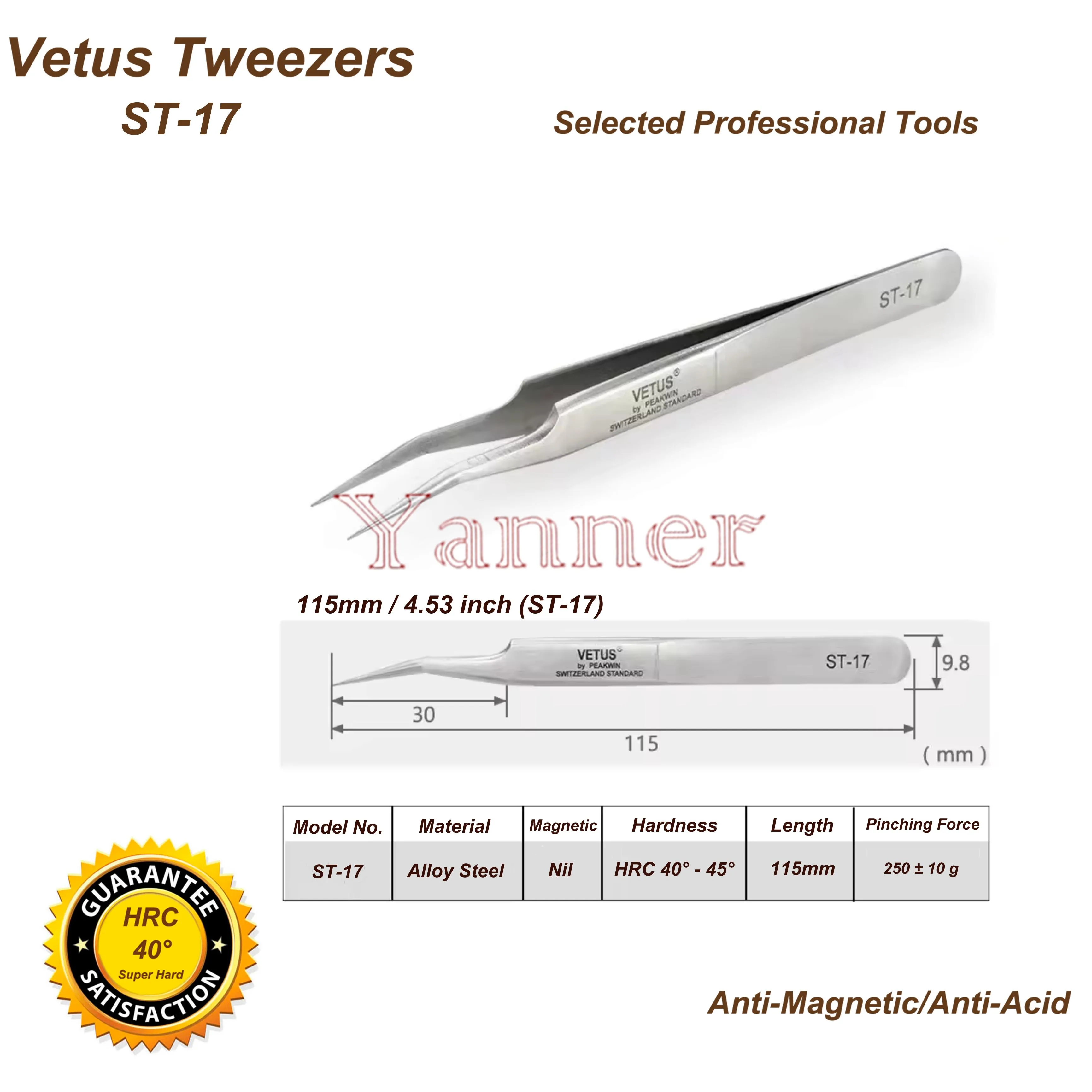 VETUS TWEEZER ST-17 Pinzette di precisione antimagnetiche e antiacidi super dure in acciaio inossidabile di alta qualità con punta super fine