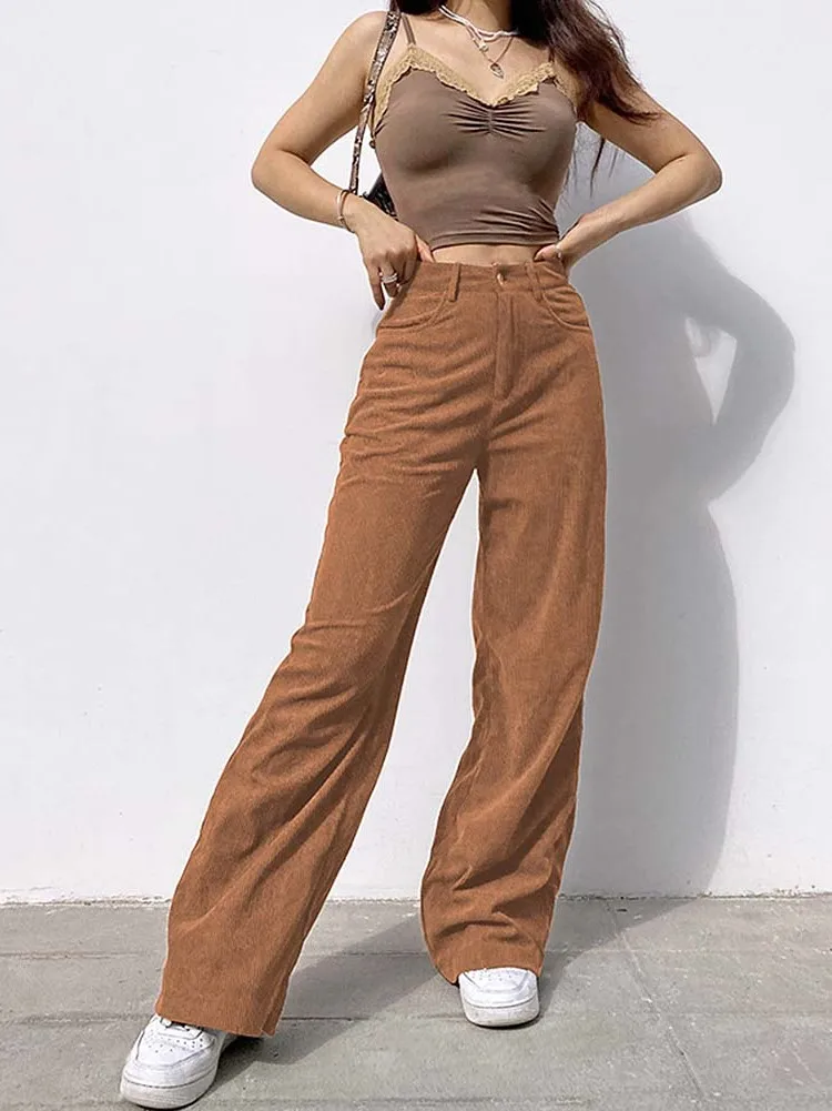 Taille haute jambe large pantalons décontractés femmes couleur jambe droite pantalon rue Sle pantalons longs fibre de Polyester