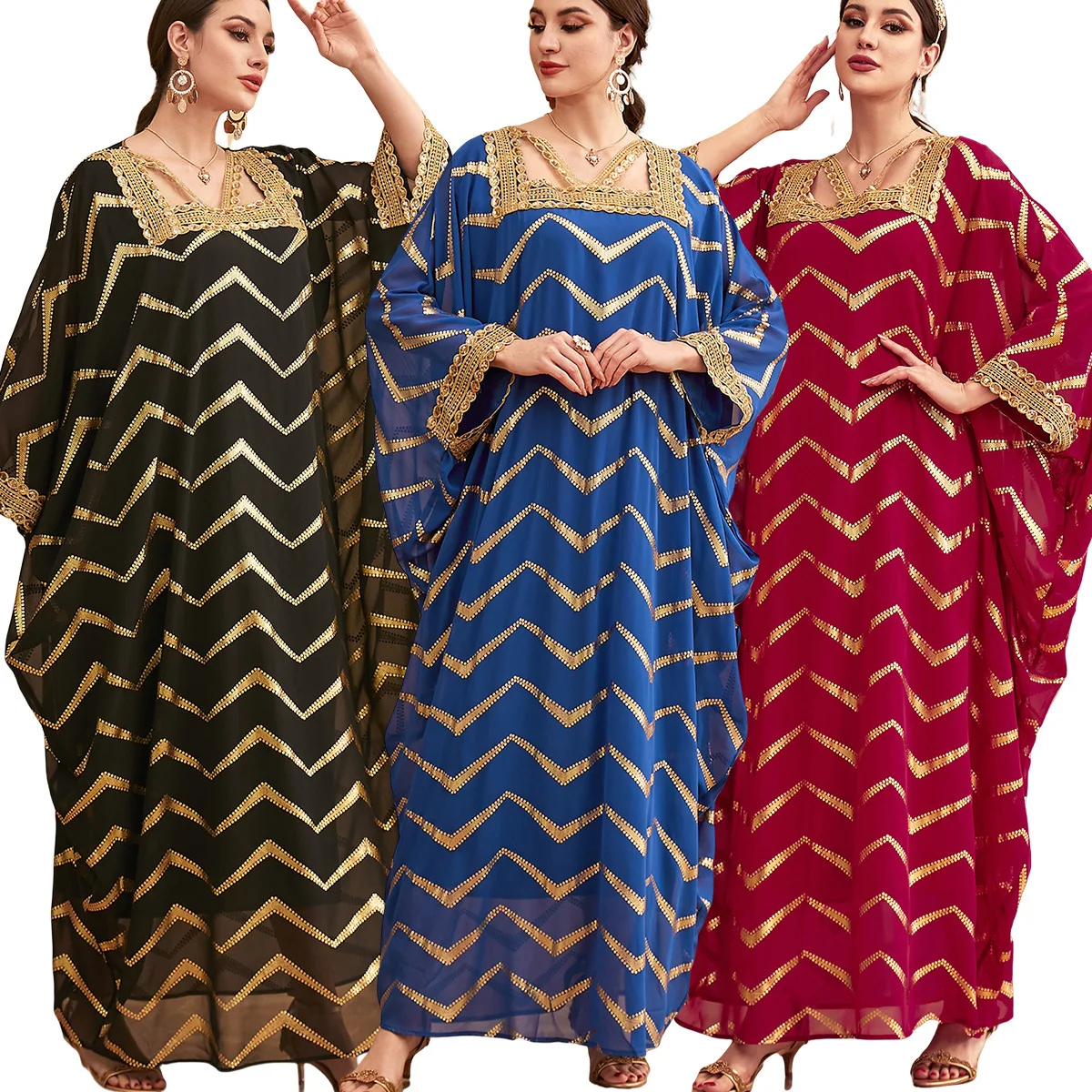 

Ramadan Morocco Luxury Fashion Arabic Costume Hot Stamped Bat Sleeves Middle Eastern Women's Muslim 2024 New maxi Dress