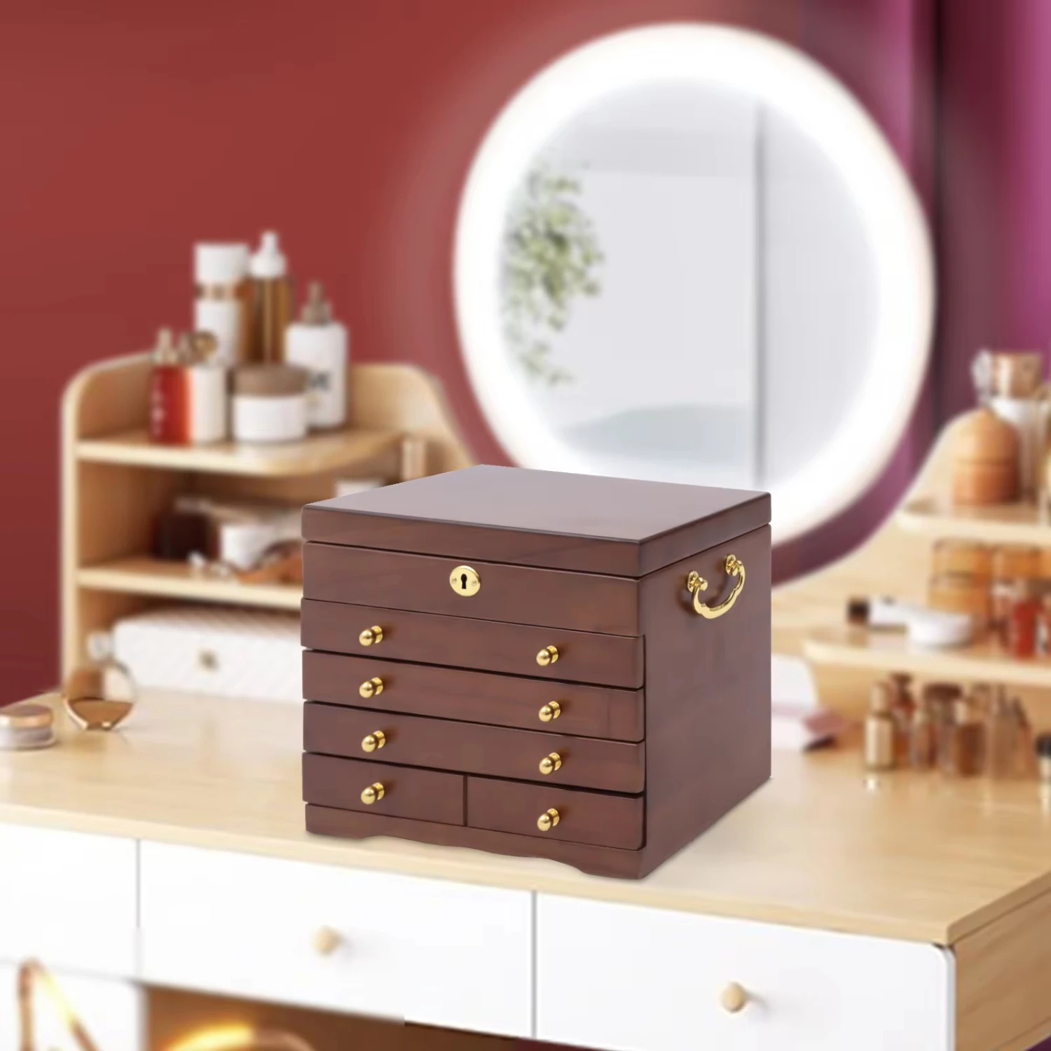 

New Jewelry Box Wooden Women Gifts 5-Layer Large Organizer Box with 4 Drawers Watch Necklace Ring Earring