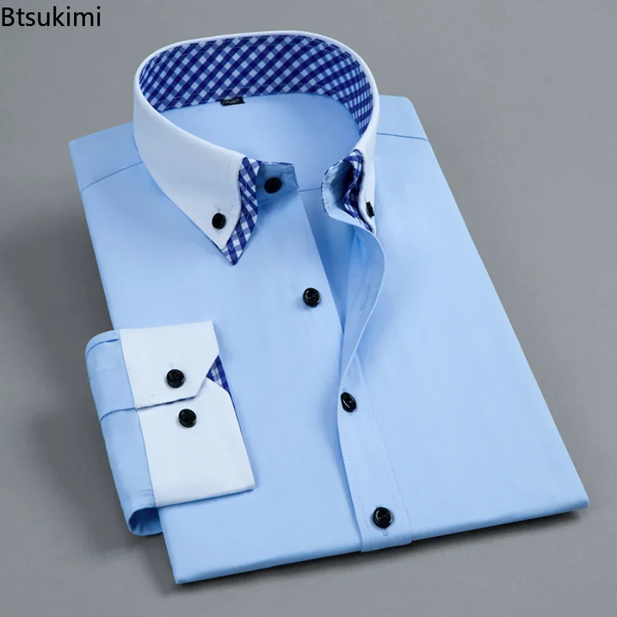 2024 Men's Dress Shirt Non Iron Fashion Double layer Long Sleeve Business Formal Regular Fit Office Camisa Social Shirts Male