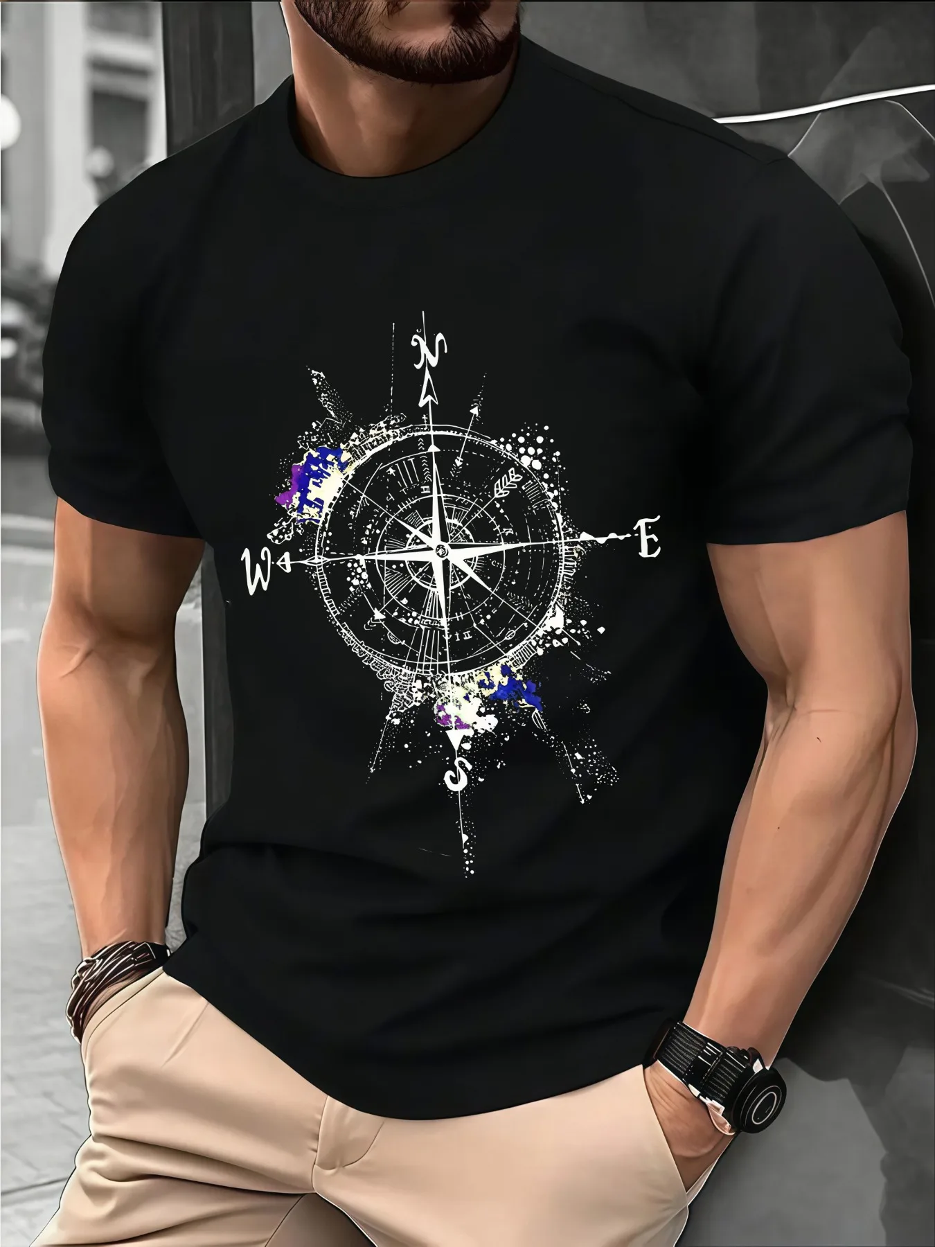 Men's Compass Print T-Shirt Round Neck Short Sleeve Summer Casual Street Style Top