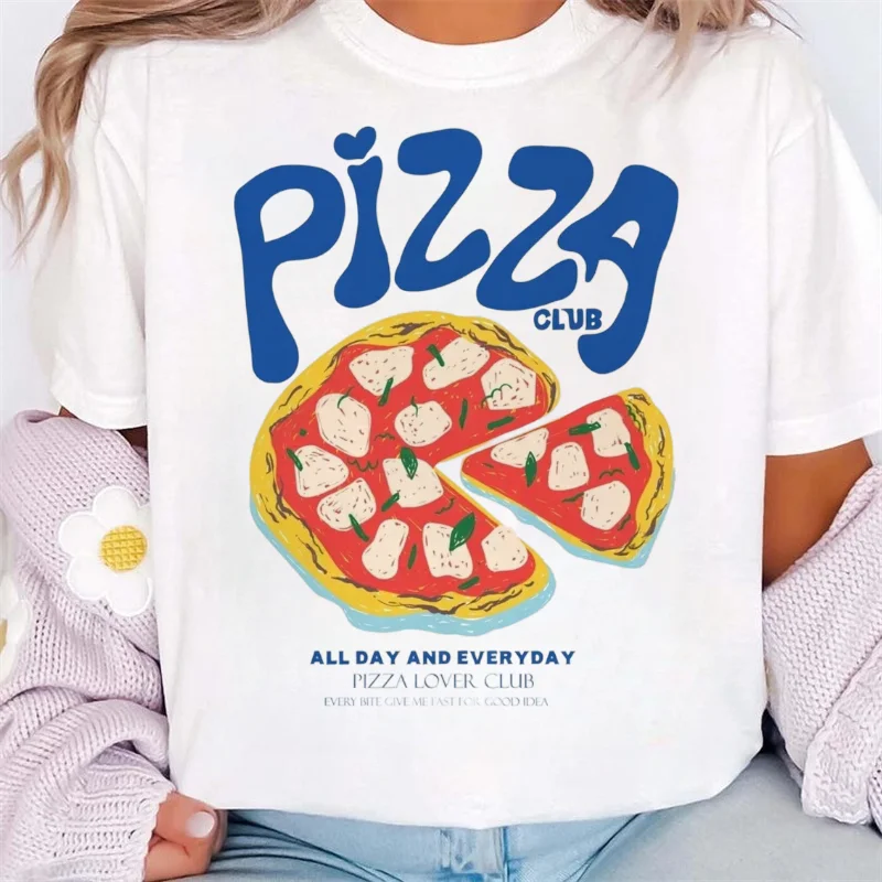 

Pattern Pizza Club Printed T-Shirt Casual O-Neck Holiday Travel Short Sleeved Cute Women's Top Trendy Summer Street T-Shirt