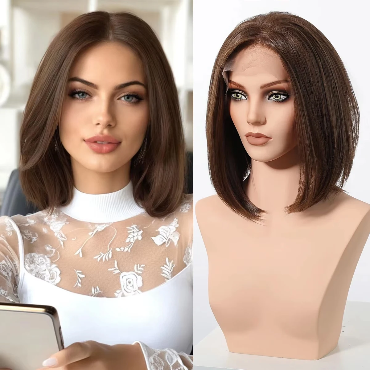 

DWY Natural Brown Synthetic 13*6 Lace Frontal Wigs For Women Short Straight Daily Party Fake Hair Heat Resistant Fiber Free Part