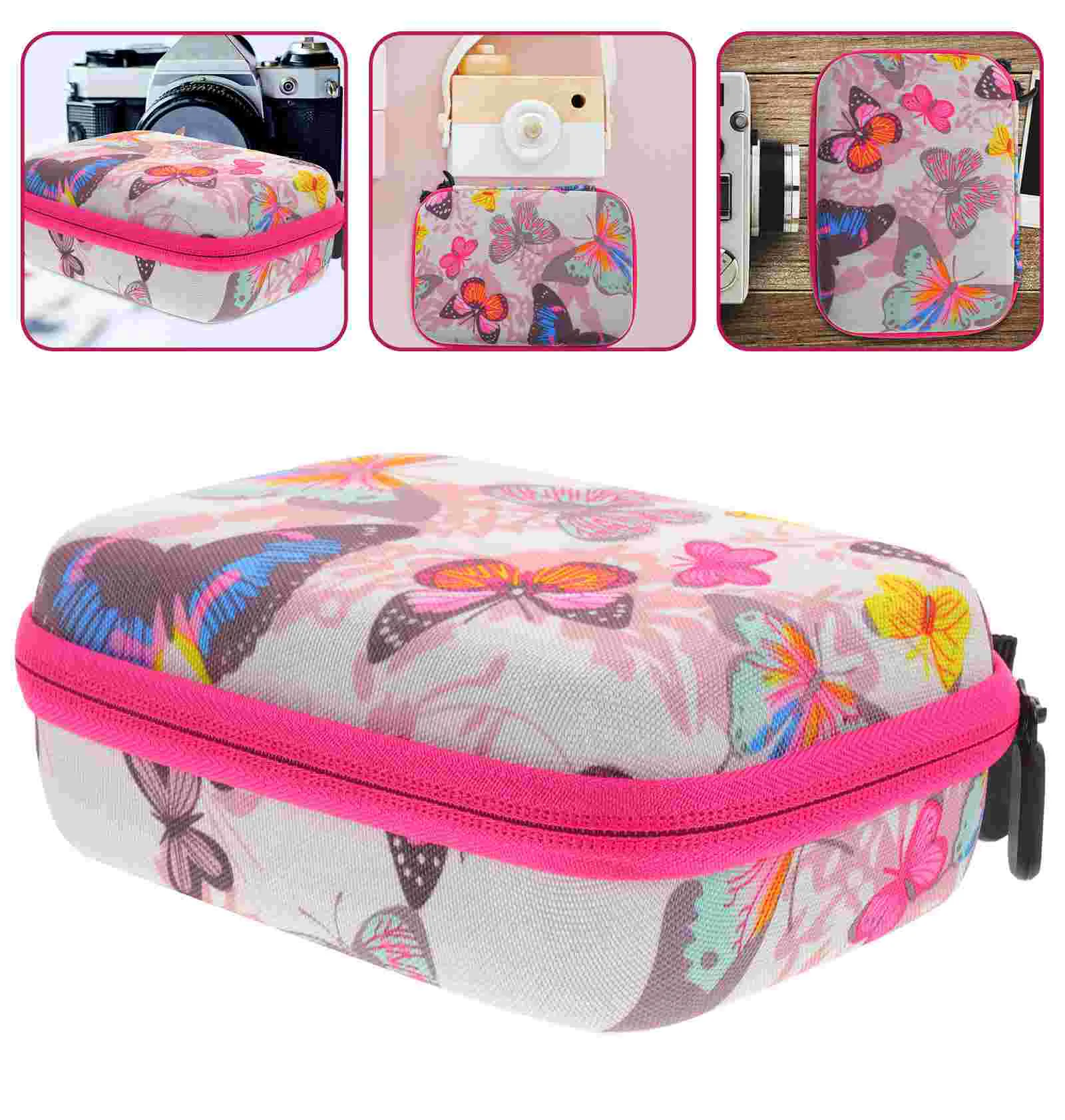 Kids Camera Case Camera Carrying Case Travel Camera Bag Holder with Closure White butterfly print grid rose red zipper bag