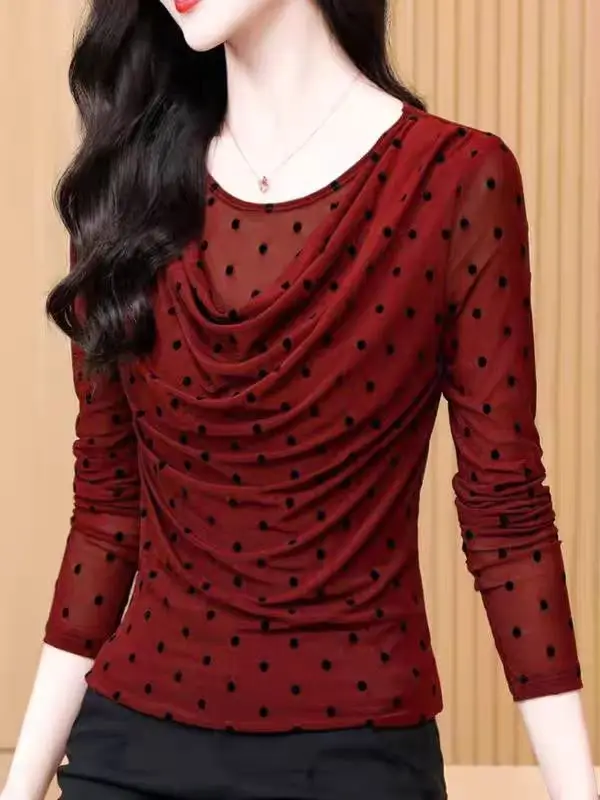 Obcisły top z nadrukiem w kropki dla kobiet O Neck Długie rękawy Slim Fit T-shirt 2025 Wiosenne siateczkowe swetry dla kobiet — zdjęcie 4