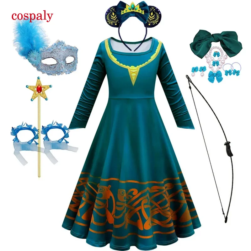 A Merida Dress Girl Brave Cartoon Movie Cosplay Costume 3D Print Princess Outfits Halloween Long Sleeve Theme Party Clothes