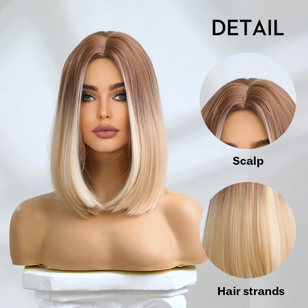 oneNonly Brown Ombre Blonde Wig Bob Short Wig Straight Natural wigs for Women Daily High Temperature Hair