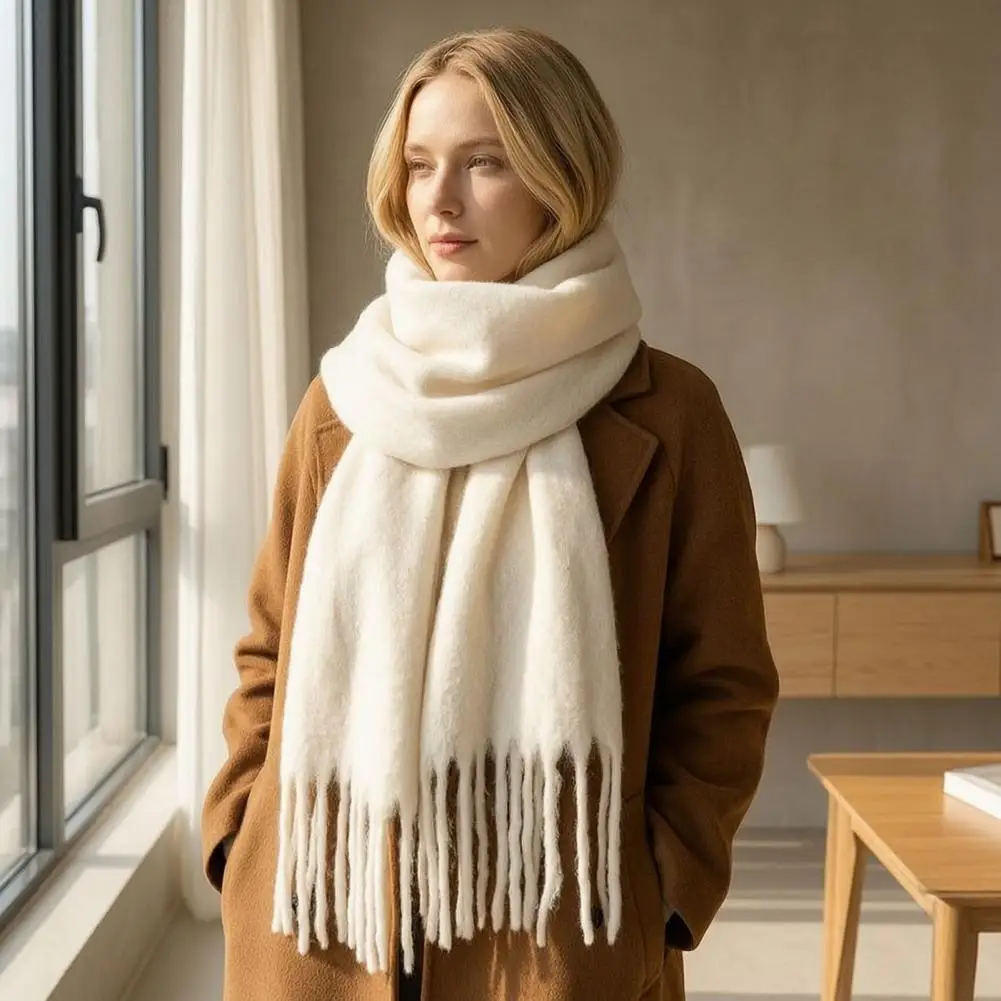 Extra Long Wide Thermal Scarf Thickened Imitation Rabbit Velvet Scarf with Tassels Warm Winter Neck Wrap for Weather for Women