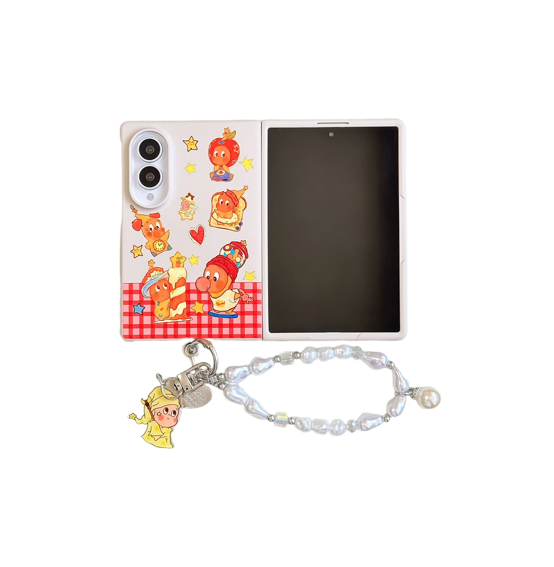Cute Retro Checkerboard Cartoon little yellow men Cover For Samsung Galaxy Z Fold 8 Z Fold 8 Ultra With Fashion Bead Lanyard