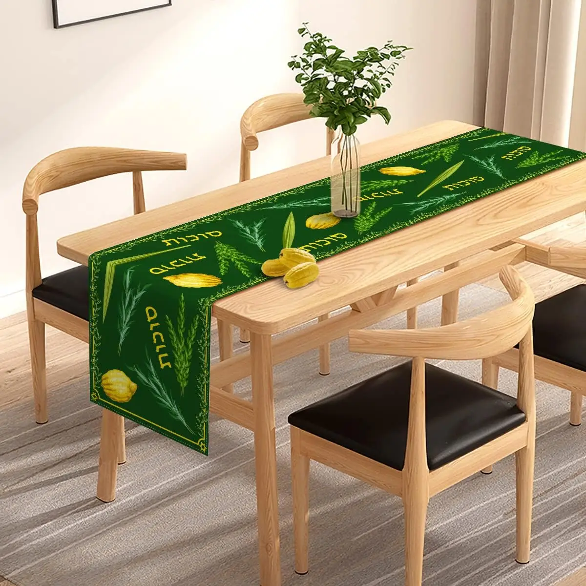 Happy Sukkot Linen Table Runner Sukkah Etrog Lulav Table Decor Jewish Holiday Party Celebration Dining Room Home Decoration