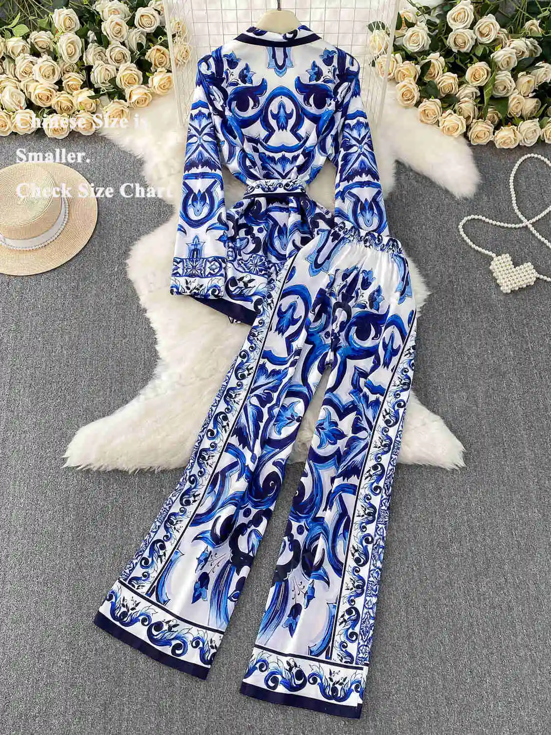 Autunno Musulmani Casual Set a due pezzi Camicie viola da donna Giacca con stampa Pocelain + Pantaloni a gamba larga in vita elastica 2 pezzi Abiti