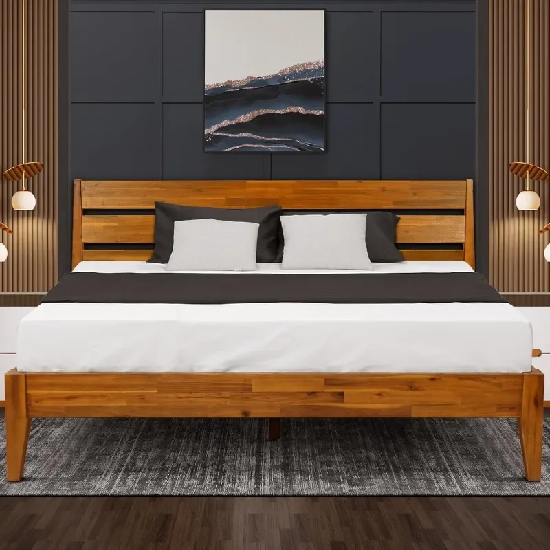 Bed Frame with Headboard Solid Wood Platform Bed, Unique Design Modern Feature Wood Bed Compatible with All Mattresses