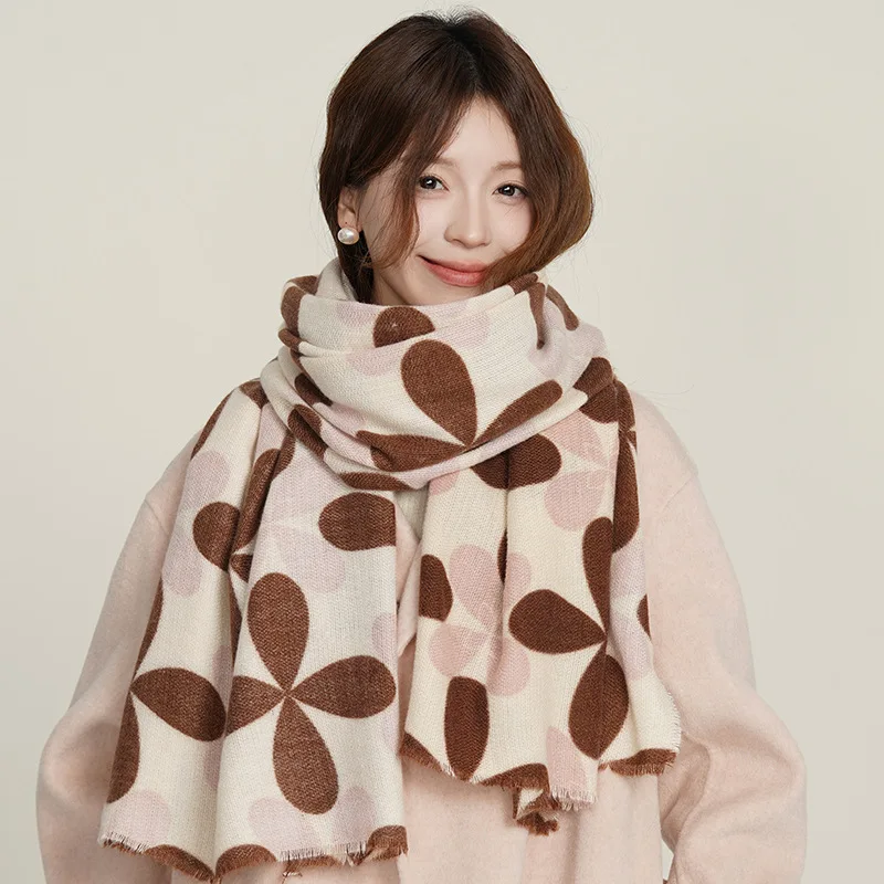 USPOP 2024 Новый Ретро шарф из искусственного кашемира с кисточками и четырехлистным принтом клевера для женщин осенний шарф толстые теплые шарфы