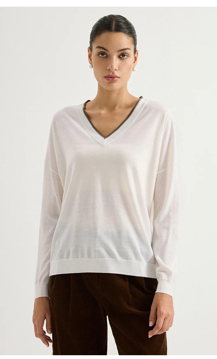 BD3621781 Damen 100% Wolle Oversized V-Ausschnitt Pullover Langarm Kontrastbesatz V-Form Kette Zweifarbig Entspannter Luxus Herbst – Detail 3