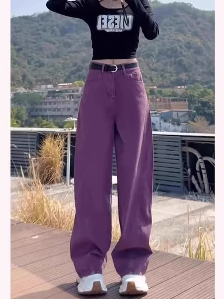 Cintura alta solta ajuste jeans feminino bell bot primavera 2025 novo sle faca americana longo roxo calças de perna larga