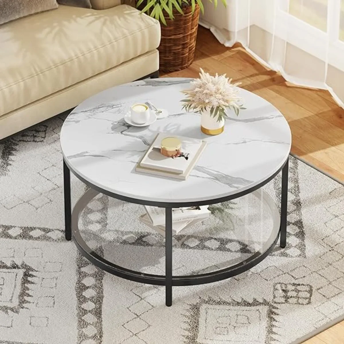 

White Marble Round Coffee Table with Glass, Coffee Tables for Living Room, 2-Tier Circle Coffee Table,White & Black