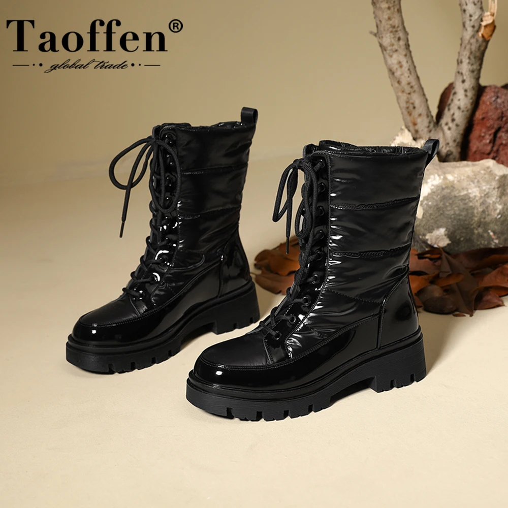 Taoffen Size 36-42 Women Winter Boots Round Toe Thick Heel Lace Up Short Boots Ladies Warm Cotton Lined Daily Outdoor Booties