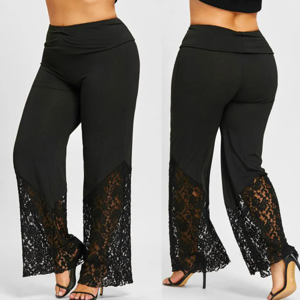 

Women Pants See-through Lace Patchwork High Waist Wide Leg Daily Wear Flower Embroidery Plus Size Summer Pants Female Clothes