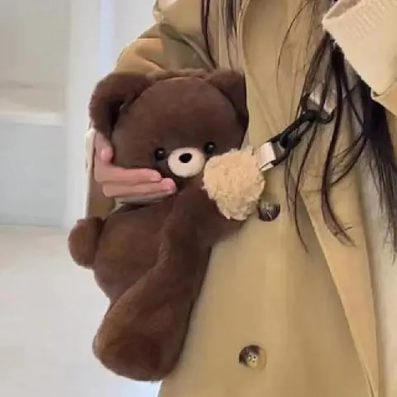 Cute Plush Animal Crossbody Bag, Fluffy Calico Cat & Hug Bear Doll Shoulder Purse, Kawaii Cartoon Stuffed Toy Handbag For Girls view 6
