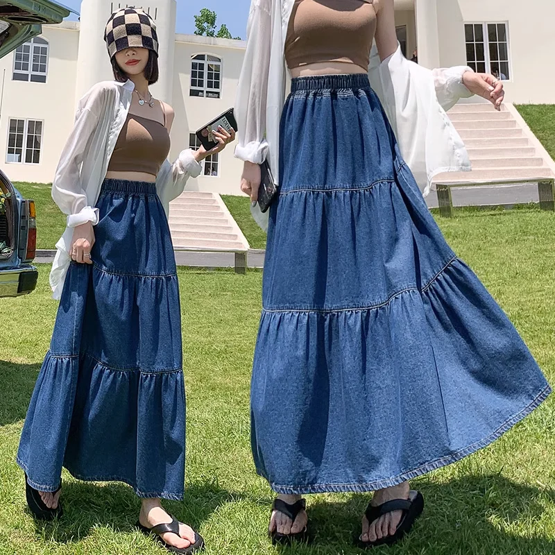 TIYIHAILEY Lange Maxi Vintage A-Line Denim Rock Frauen Tiefblaue Jeans Plus Größe S-6XL Big Hem Elastische Taille Röcke Neue Mode