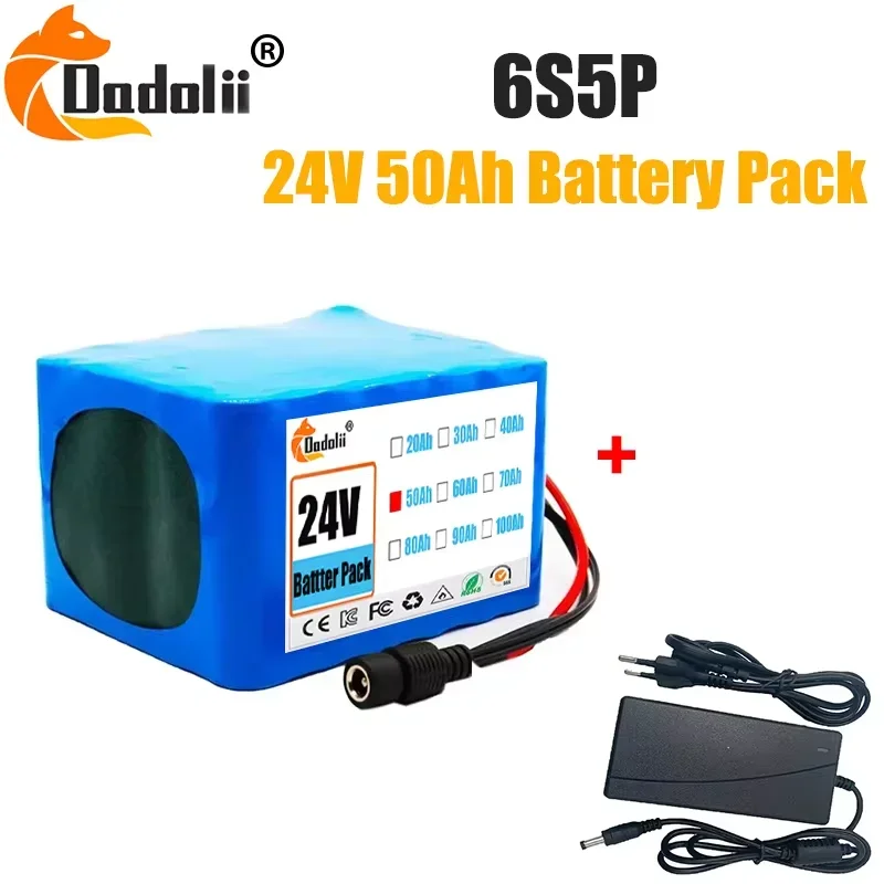 24V Battery 6S5P Battery Pack 50Ah Rechargeable Lithium Battery for Ebike Electric Bicycle With Capacity Indicator&BMS+Charger