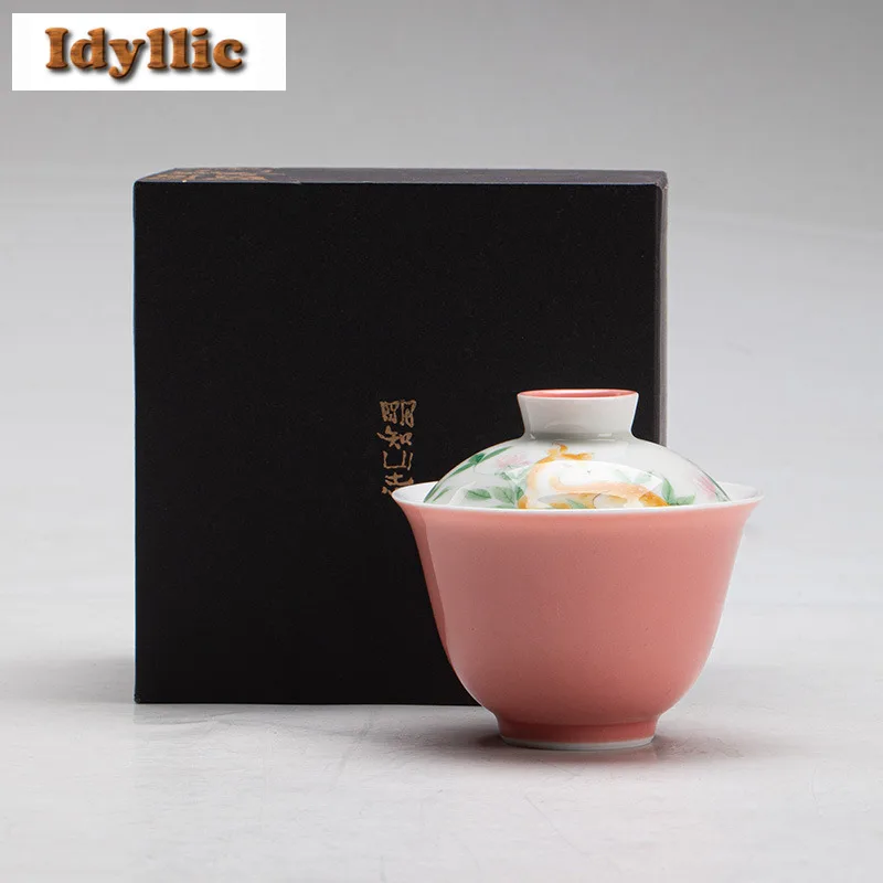 

140ml Impatiens Pink Hand-painted Deer Gaiwan Antique Tea Tureen Tea Bowl With Lid Kit Tea Maker Cover Bowl For Tea Collection