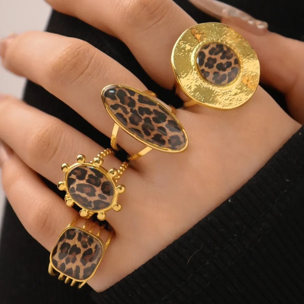 XINYI 18K PVD Golden Plated 304 Stainless Steel Rings Chunky Jewelry High QualityCharm Stylish Boho Leopard Golden Jewelry