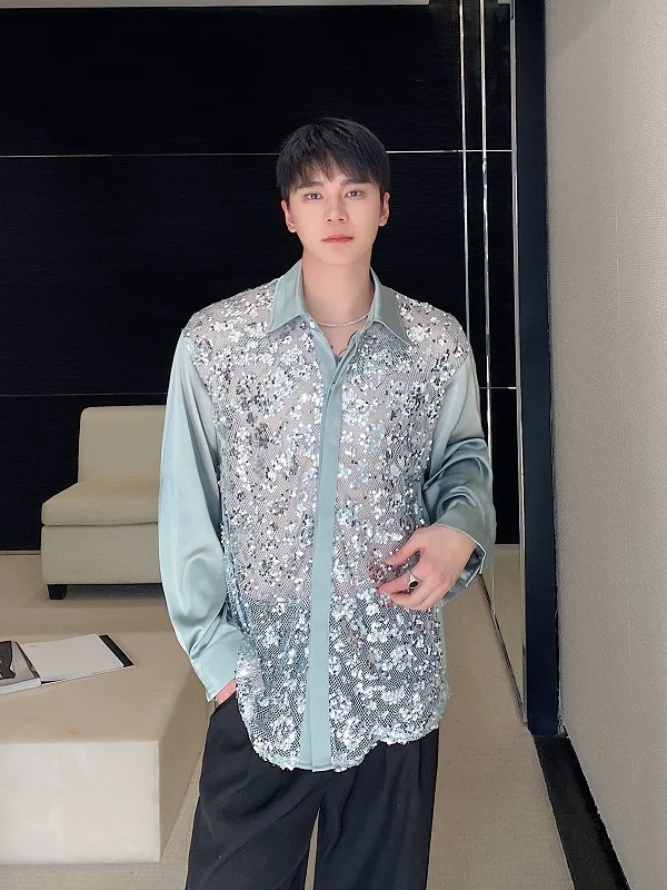 

Trendy Original Satin Sequin Patchwork Long Sleeve Shirt Collared Performance Outfit Youth Popular Loose Fit Four Seasons Uni...