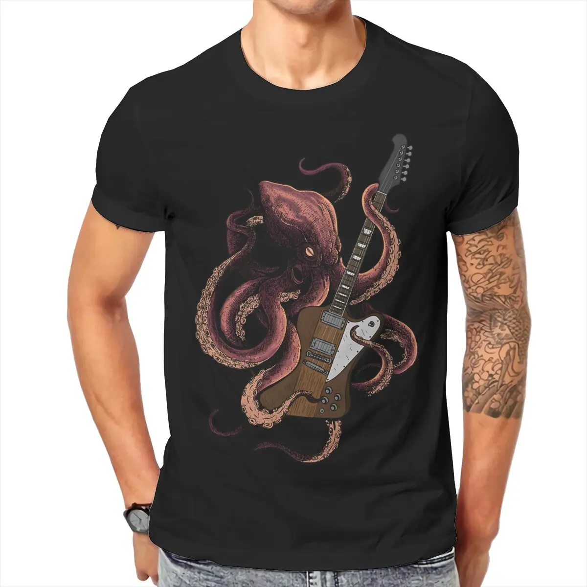 Octopus Playing Guitar Round Collar TShirt Octopus Fabric Basic T Shirt Men Clothes New Design Hot Sale