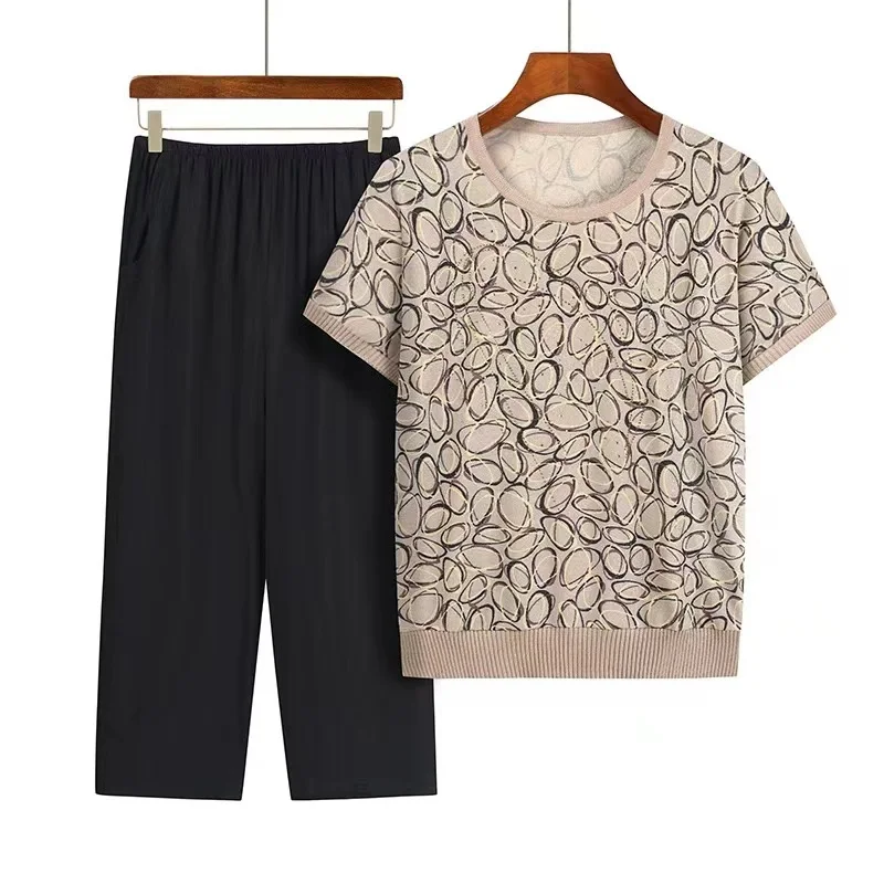 Fdfklak Summer New 2023 Round Neck Floral Mother Dress Printed Two-piece Women Short-sleeved Blouse Loose Casual Suit Pajamas