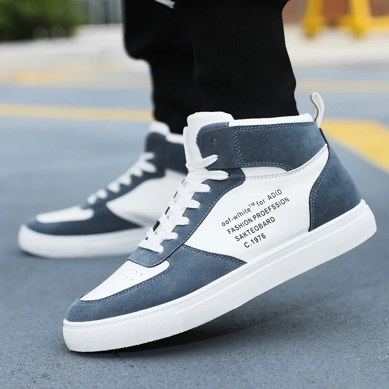 New Spring Men PU Leather High Top Casual Shoes Fashion Four Seasons Boys Students Sneakers Anti-slip Male Board Shoes