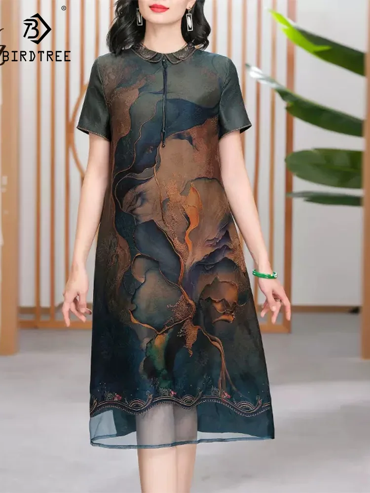 

BirdTree, Watered Gauze Silk Elegant Dresses, Women Lapel Print, Vintage Mom Oversize Cheongsam, 2024 Spring Summer D453108QM