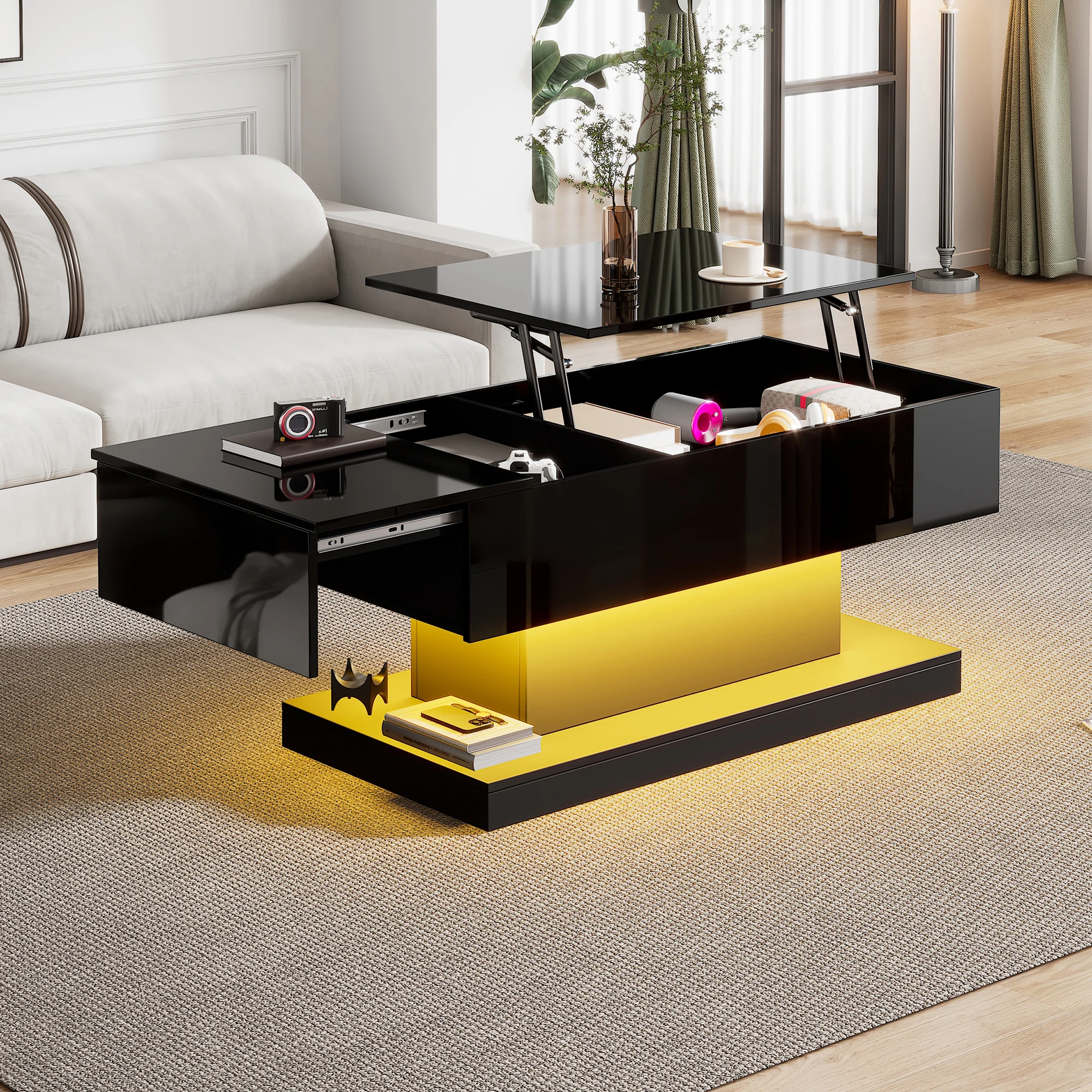 High-gloss folding tea table LED coffee tables 100 x 50 x 4cm with LED lighting semi-liftable tabletop and side-sliding design