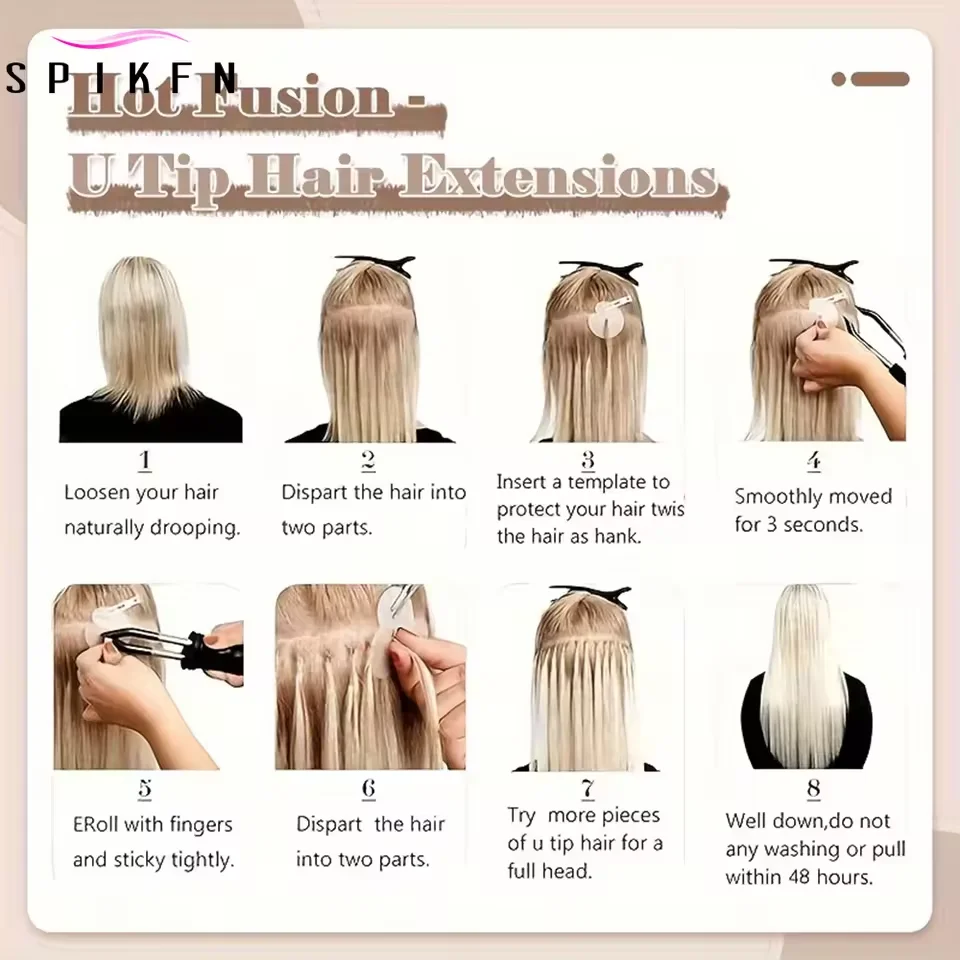 SPIKFN ネイルUチップ人毛ハイライトハニーブロンドプレボンドヘアエクステンション50本/パックナチュラルストレートホットフュージョンヘア30G