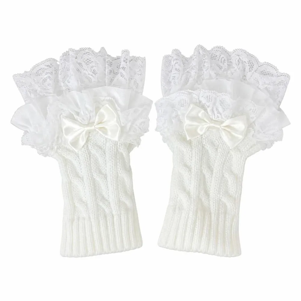 1 pair Cute Lace Ruffle Hand Sleeves Mittens Knitted Detachable Knitted Cuff Fingerless Style Stretchy False Sleeve Winter Wear