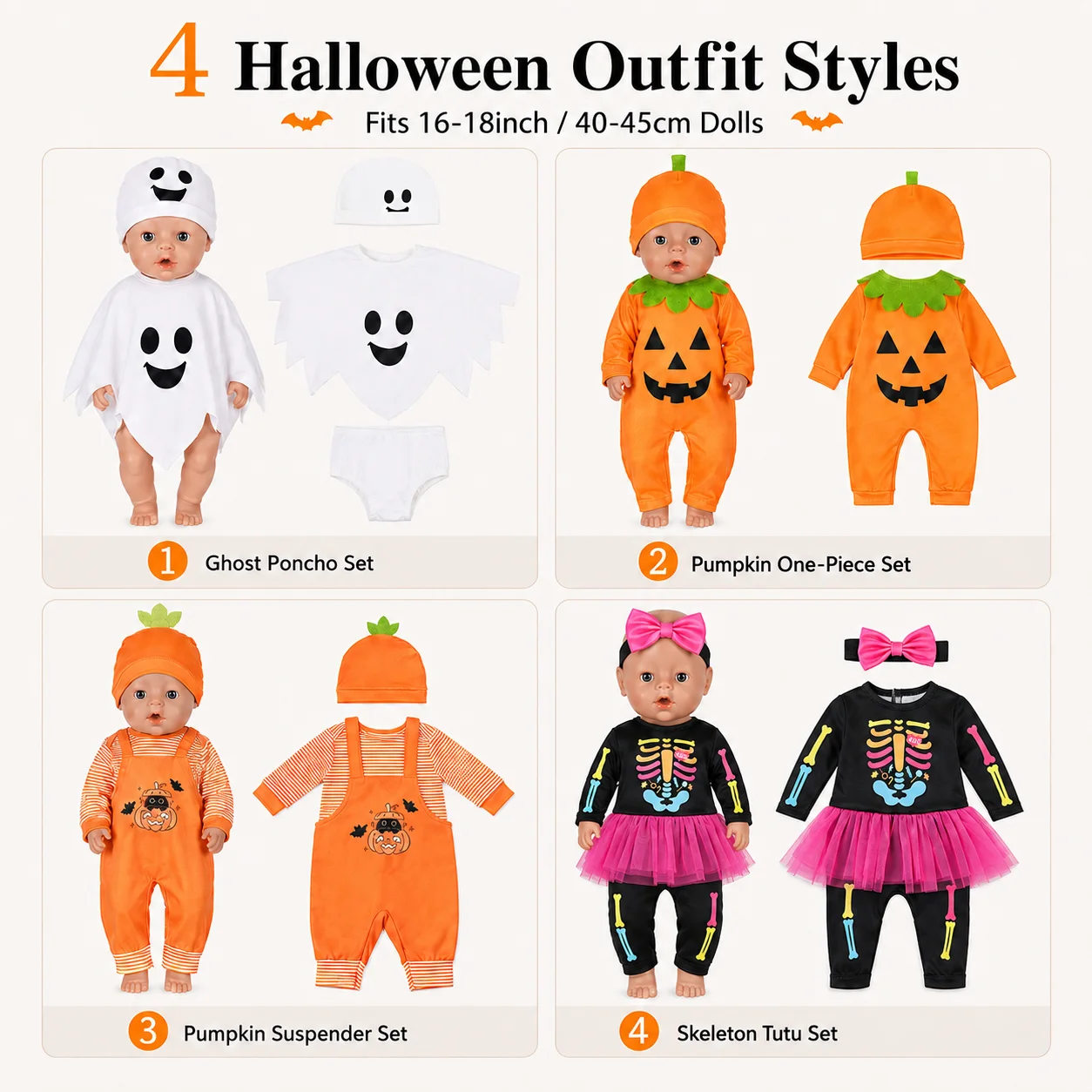 Halloween Puppenkleidung für Reborn Puppe 40-45cm 16-18 Zoll, Kürbis Geist Skelett Kostüm, Outfit für American Girl Puppe Puppenzubehör Set Geschenk – Detail 5