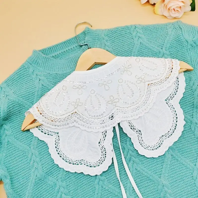 

U4LE Women Wavy Scalloped White Shawl Lapel Fake Collar Shiny Sequins Beaded Embroidery for Butterfly Floral Scarf Hollow Out