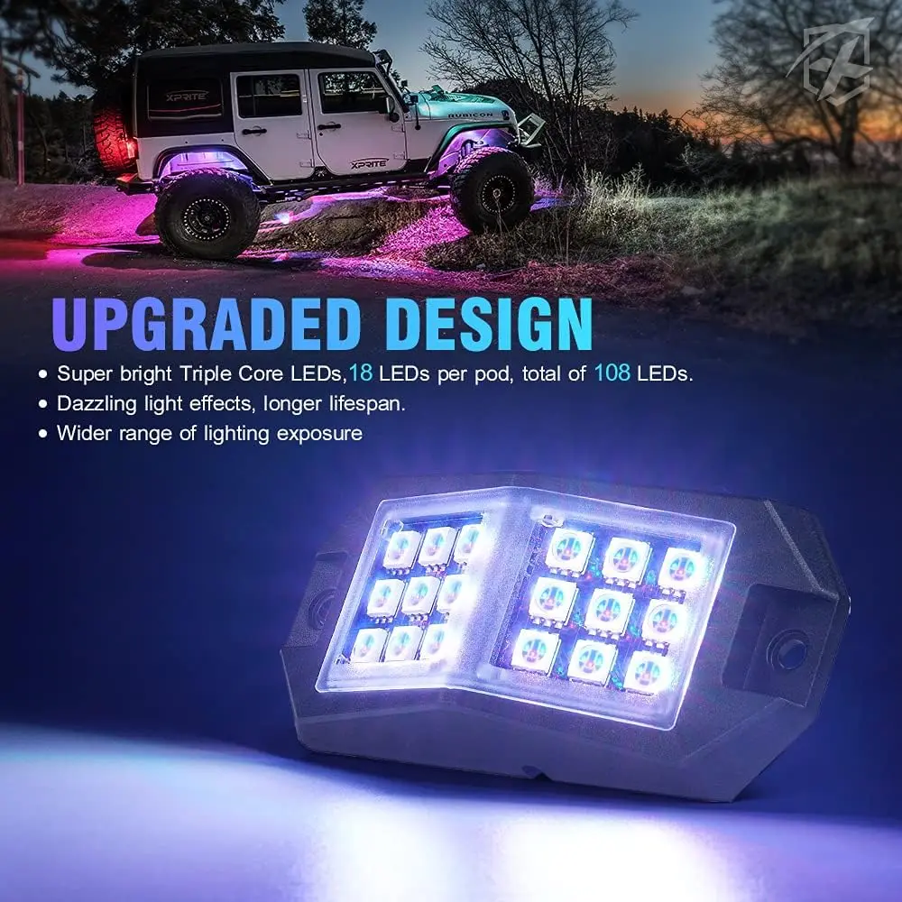 Kit de Luzes LED RGB para Rocha com 10 Pods, Bluetooth e Controle Remoto Sem Fio para Veículos Off-Road