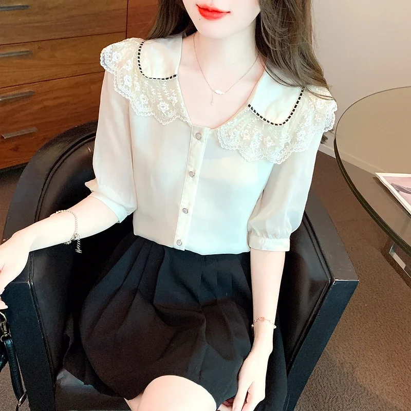 Summer Short Sleeve Lace Doll Collar Women Shirt Chiffon Shirt Blouse Women Tops Blusas Mujer De Moda 2024 Verano Shirts G510