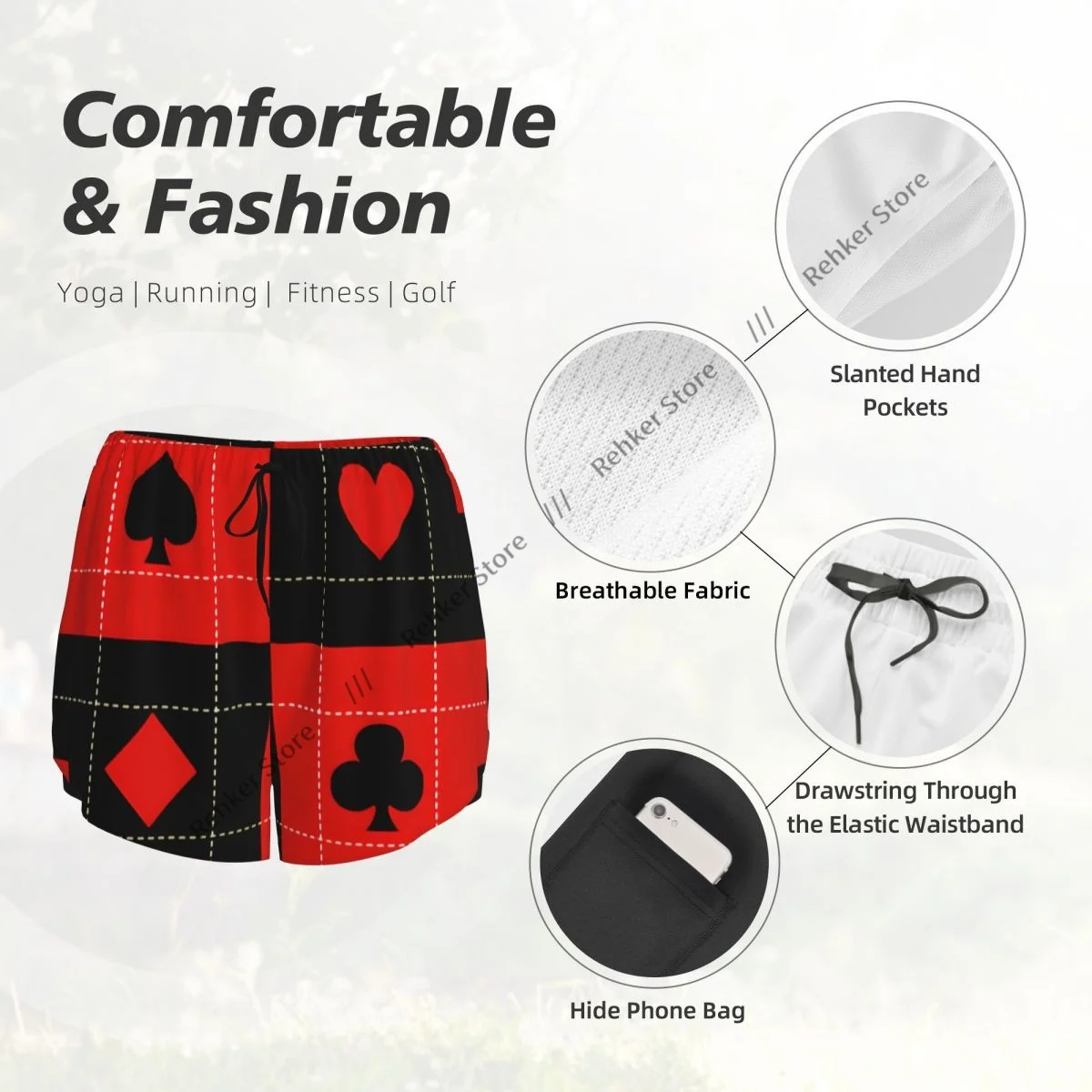 Pantaloncini da yoga per donna Pantaloncini fitness Pantaloncini sportivi da allenamento per motociclisti Abiti per carte Scacchiera Abbigliamento sportivo ad asciugatura rapida con tasca