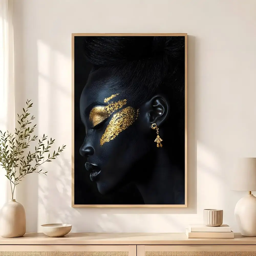 Black Skin Woman Golden Makeup Poster Wall art poster artistic painting for living room home decoration  also ideal as a gift