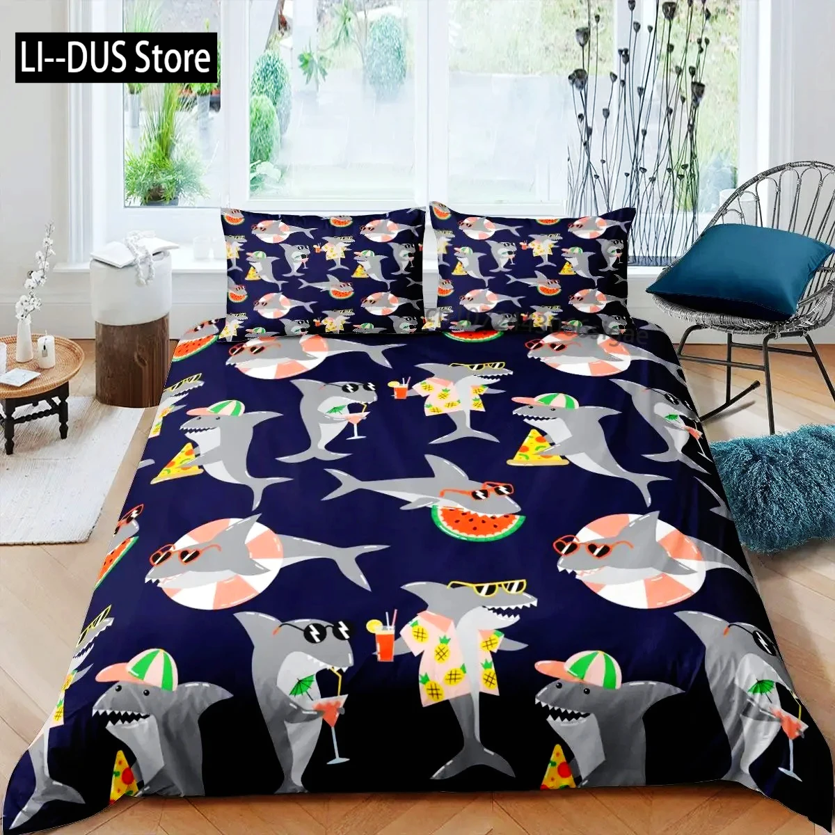 Blue And White Cartoon Shark Fish Print Kids Duvet Cover Boys Girls Luxury Room Decoration For Children Teens Gift Queen Size