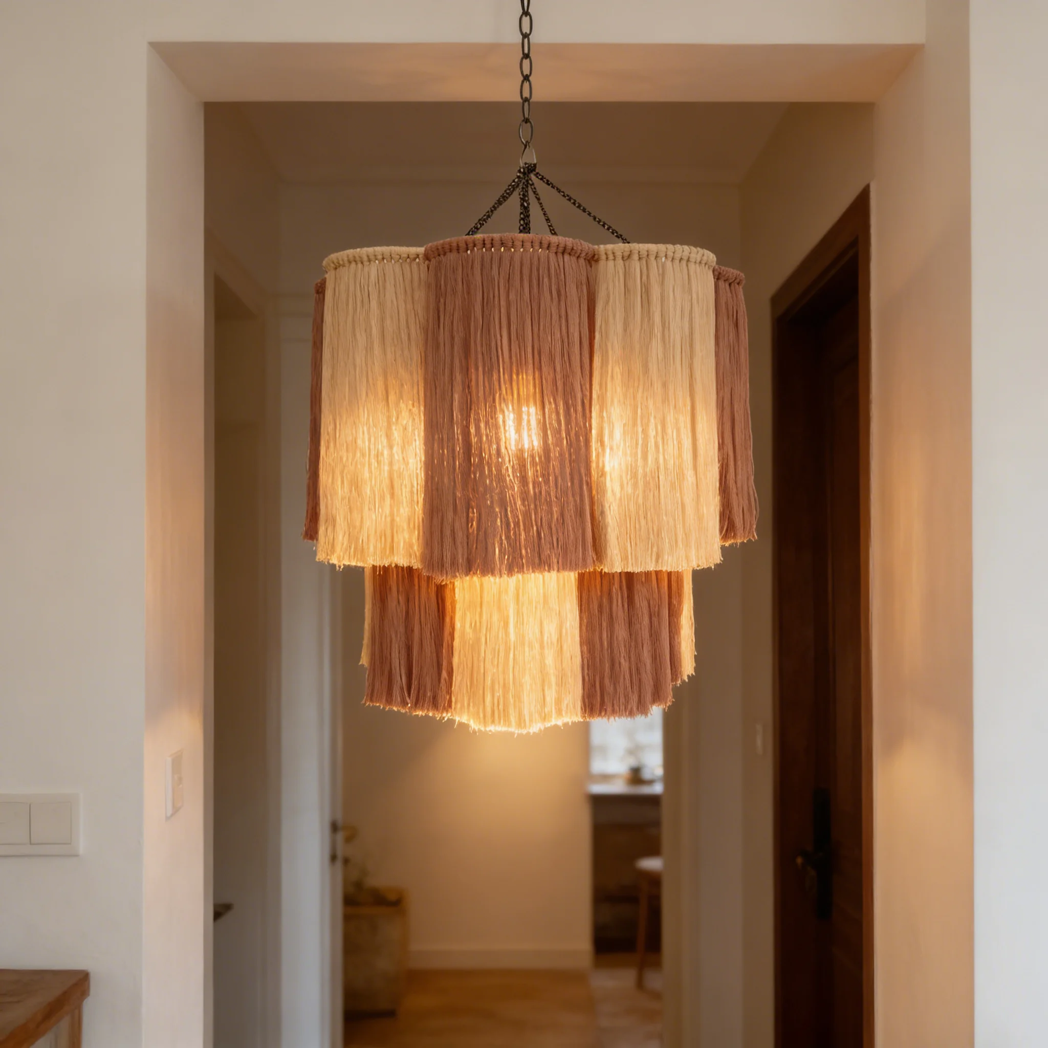 Modern Boho Macrame Chandelier Pink Beige Cotton Tassel Pendant Light Handwoven Lampshade for Aesthetic Home Decor