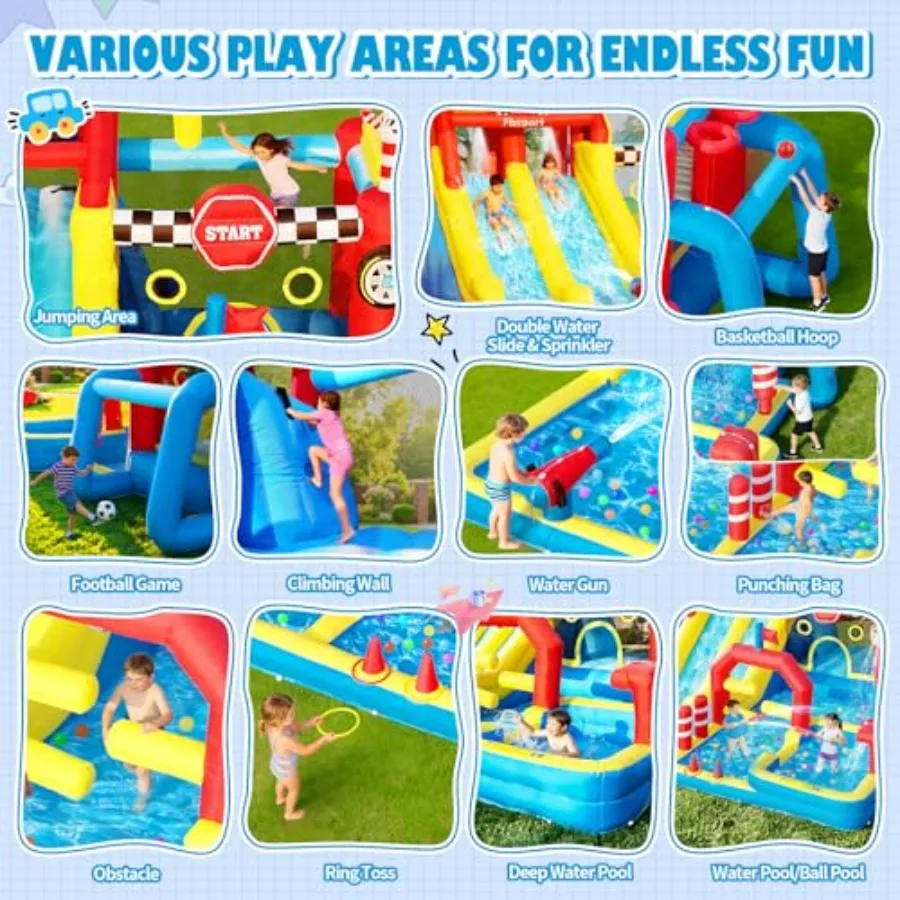 Inflatable Water Slide Bounce House for outdoor use, PVC material, blue and yellow, includes 750W blower, 12-in-1 design with d view 2