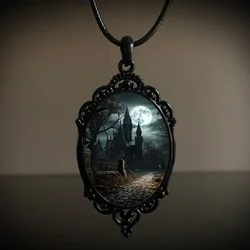 Vintage Gothic Creative Castle Raven Necklace Man Woman Horror Punk Leather Rope Collar Pendant Dark Halloween Party Gift Choker