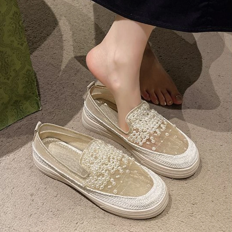 حذاء بدون كعب نسائي سميك موديل 2025 للربيع والصيف بتصميم شبكي مزين بالكريستال سهل الارتداء على الأحذية أحذية عصرية #6