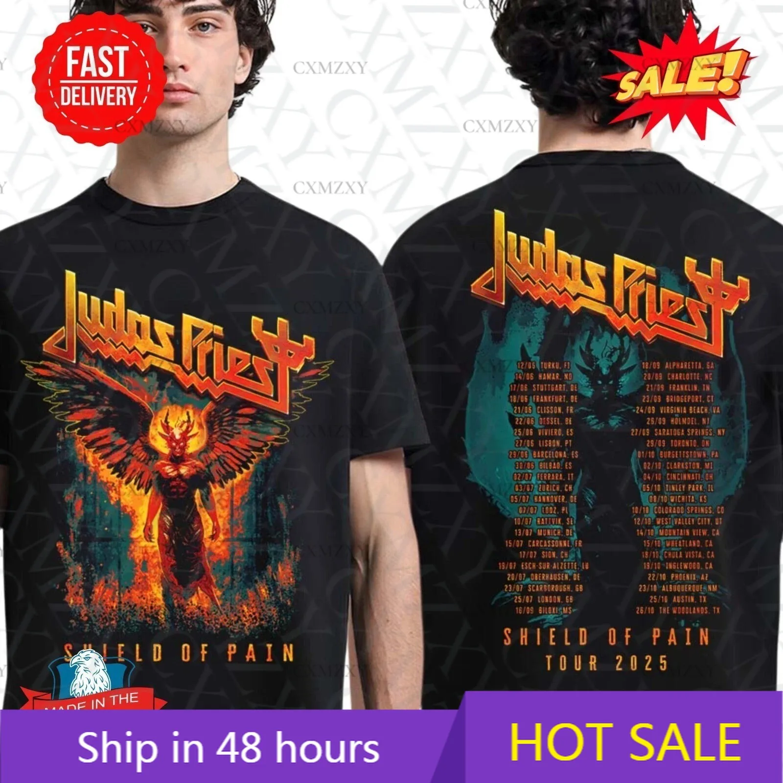 تي شيرت Judas Priest Shield Of Pain Tour 2025 Winged Demon 100% قطن #1