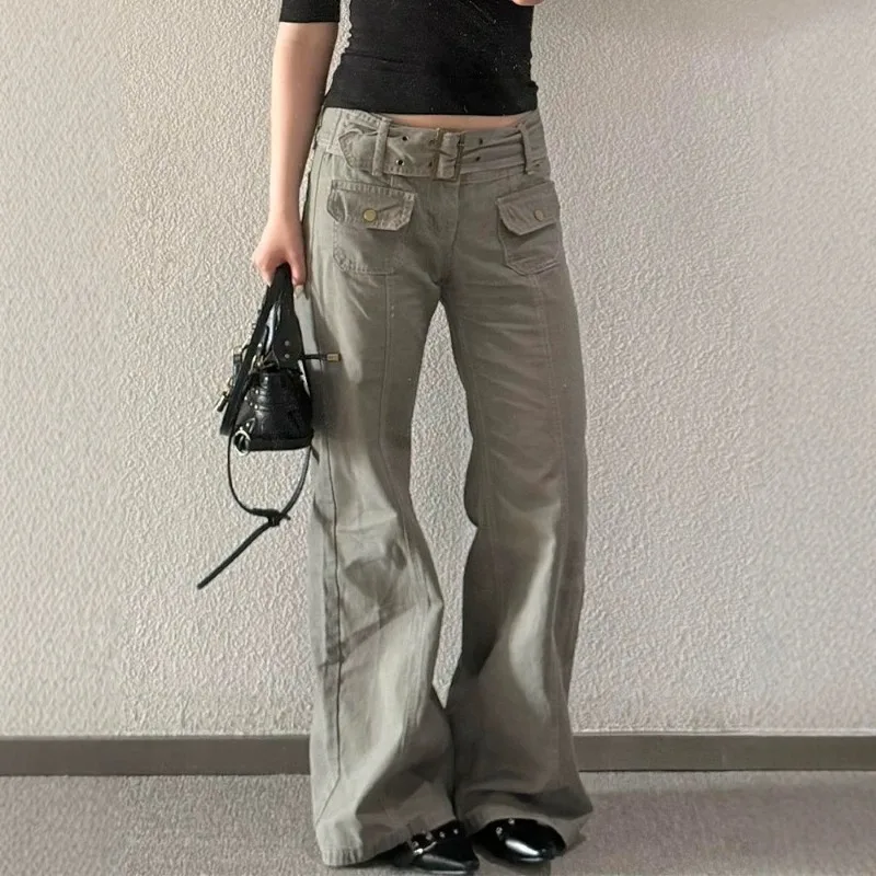 Y2K American Spice Girl Tooling Pants Retro Grey Women's Jeans Summer Multi-Pocket Belt Decorative Design Straight Floor Pants