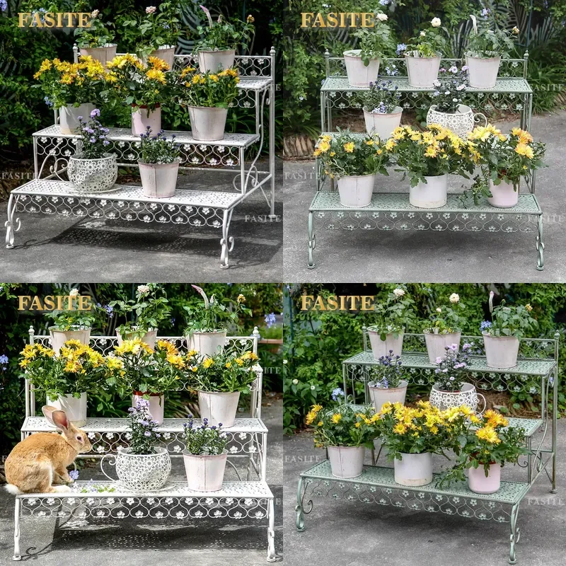 For Wrought Iron Green Pineapple 3 Tier Floor to Ceiling Flower Stand Outdoor Courtyard Balcony Succulent Ladder Creative